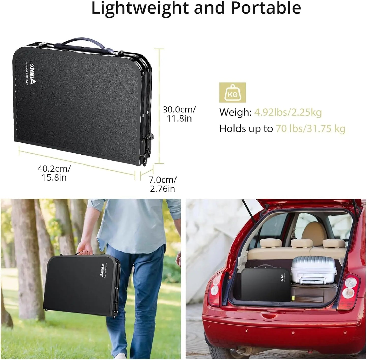 Camping Table, Folding, Black Aluminum 23.2"x16", Adjustable H 26.4",