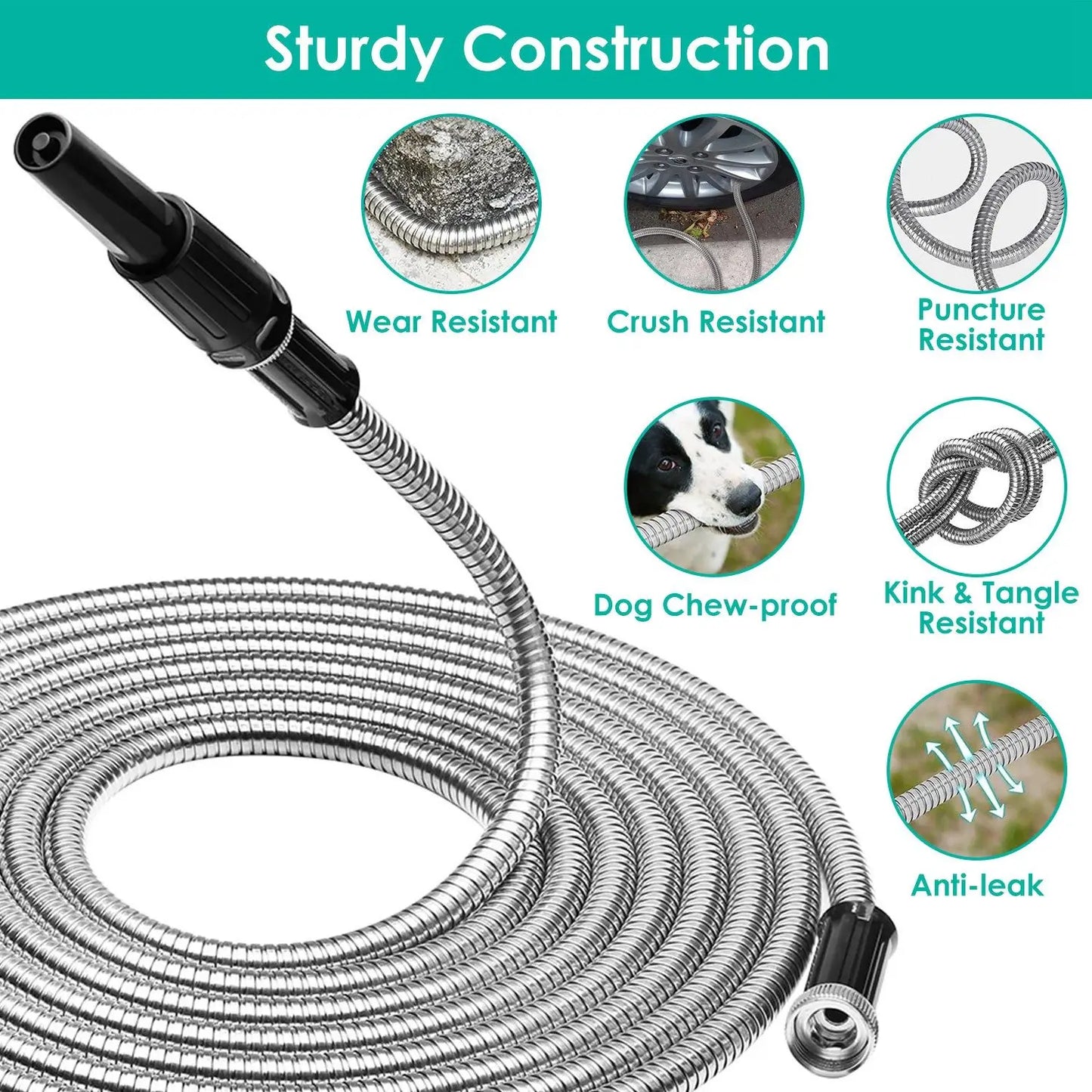 Heavy Duty Stainless Steel Garden Hose Garden Watering Kit Metal Water Hose with 2 Nozzles 12 Patterns 25FT/50FT/100FT