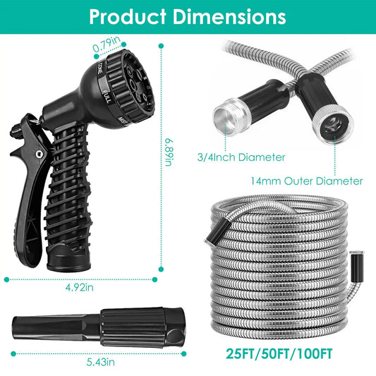 Heavy Duty Stainless Steel Garden Hose Garden Watering Kit Metal Water Hose with 2 Nozzles 12 Patterns 25FT/50FT/100FT