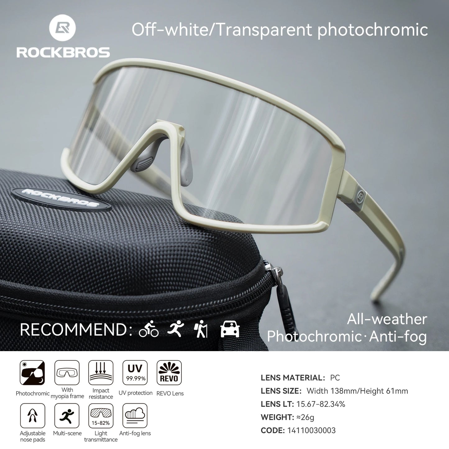 ROCKBROS Cycling Sunglasses Polarized UV400 Driving Non-slip Anti-fog Photochromic Glasses