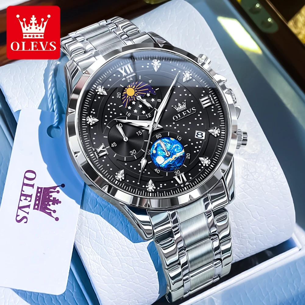 OLEVS Trend Men's Moon Phase Luminous Starry Sky Dial Quartz Wristwatch