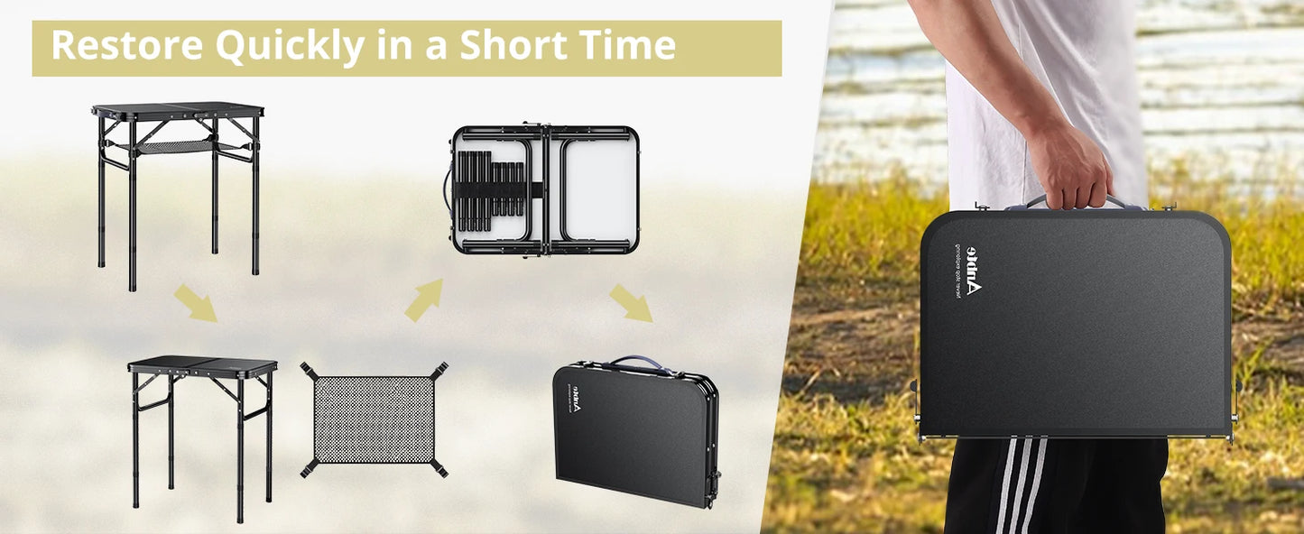 Camping Table, Folding, Black Aluminum 23.2"x16", Adjustable H 26.4",