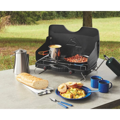 Portable Dual Burner Propane Camping Stove with Wind Guards