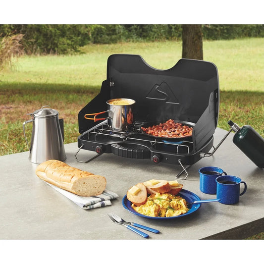 Portable Dual Burner Propane Camping Stove with Wind Guards