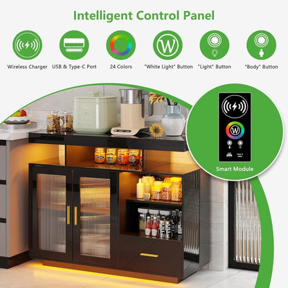 39.4" Modern LED Sideboard Buffet Cabinet with High Glossy Cupboard and charging station