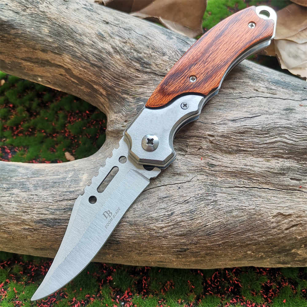 LED Light Folding Blade Knife with Wooden Handle for Hunting, Self Defense and Survival - Portable and Versatile Pocket Knives