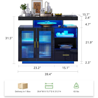 39.4" Modern LED Sideboard Buffet Cabinet with High Glossy Cupboard and charging station