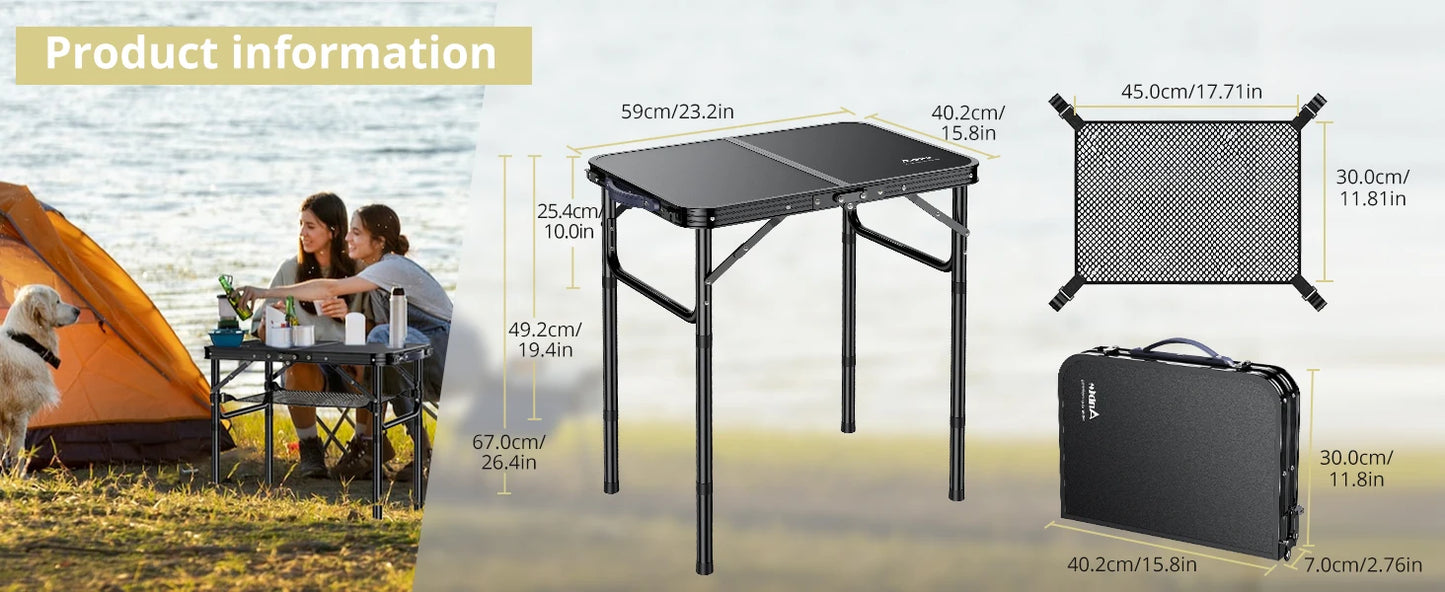 Camping Table, Folding, Black Aluminum 23.2"x16", Adjustable H 26.4",