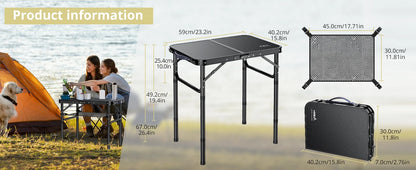 Camping Table, Folding, Black Aluminum 23.2"x16", Adjustable H 26.4",