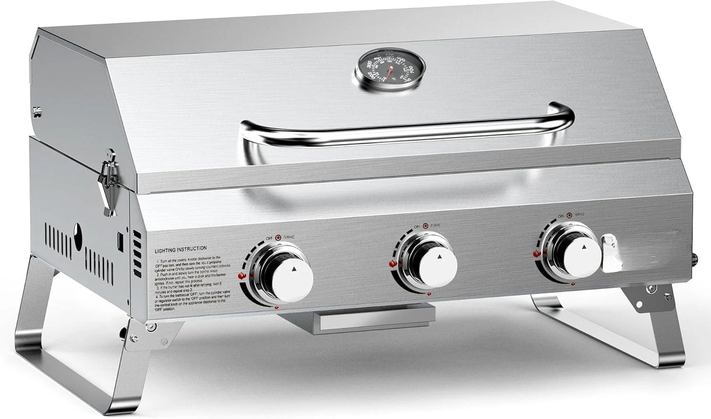 HOME-Tabletop Gas Grill 3 Burners, Stainless Steel Portable with Foldable Legs 24000BTU