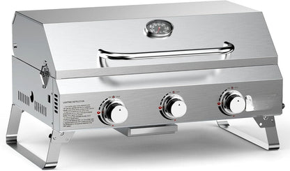 HOME-Tabletop Gas Grill 3 Burners, Stainless Steel Portable with Foldable Legs 24000BTU