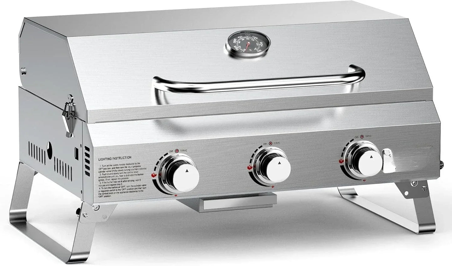 HOME-Tabletop Gas Grill 3 Burners, Stainless Steel Portable with Foldable Legs 24000BTU
