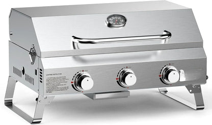 HOME-Tabletop Gas Grill 3 Burners, Stainless Steel Portable with Foldable Legs 24000BTU
