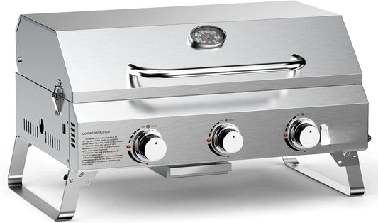 HOME-Tabletop Gas Grill 3 Burners, Stainless Steel Portable with Foldable Legs 24000BTU