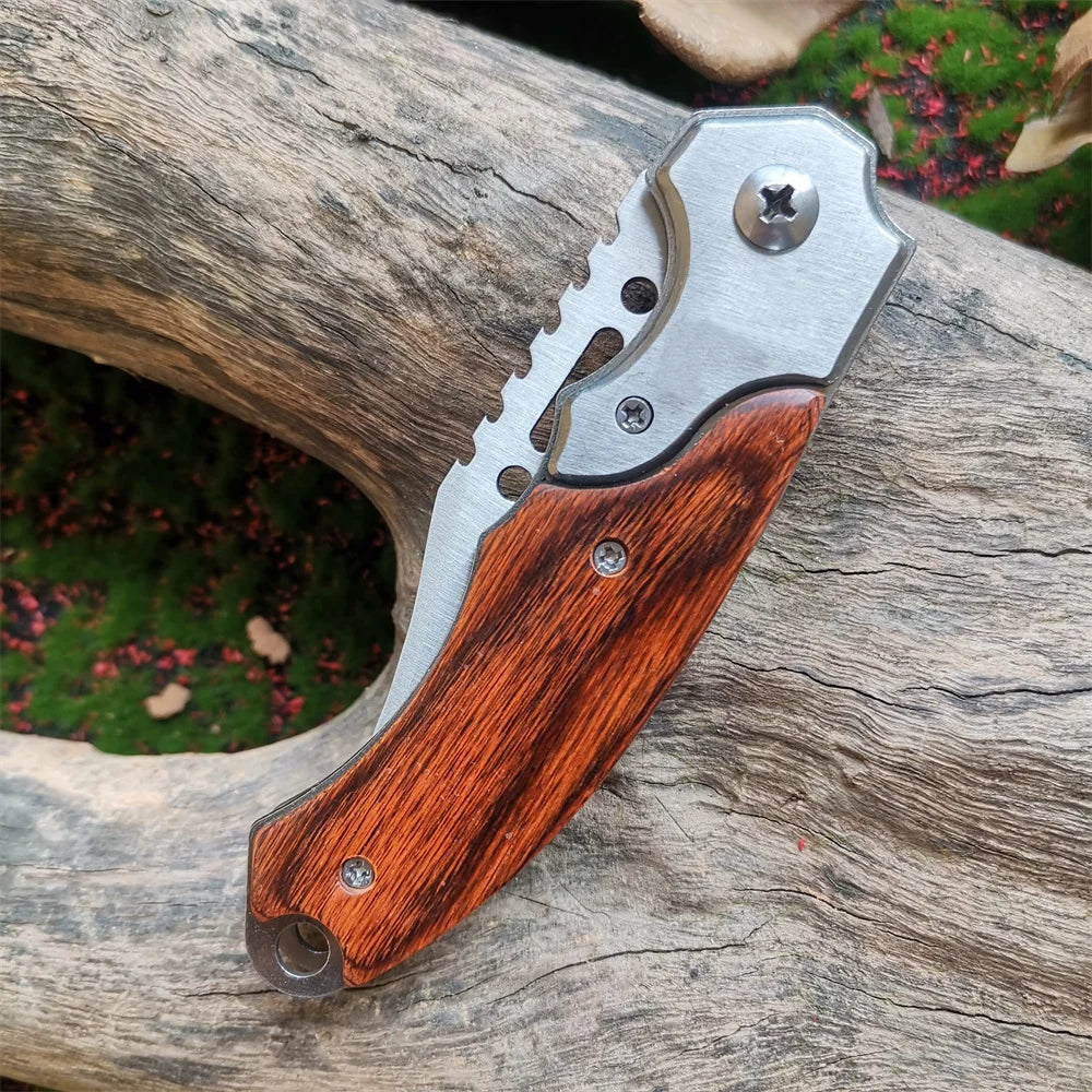 LED Light Folding Blade Knife with Wooden Handle for Hunting, Self Defense and Survival - Portable and Versatile Pocket Knives