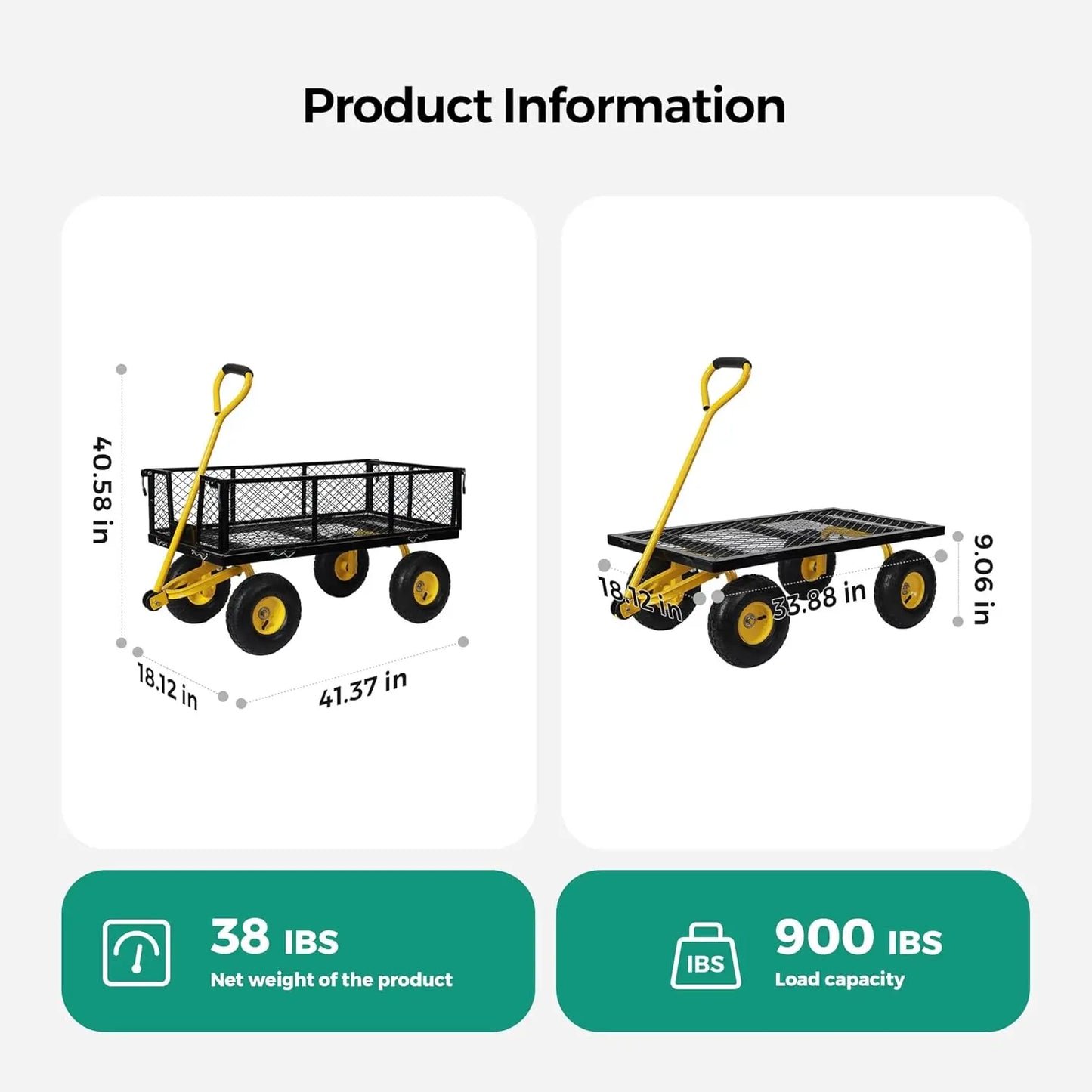 Utility Wagon ,10 Inch Flat Free Tires, Black & Yellow 900 Lbs Capacity