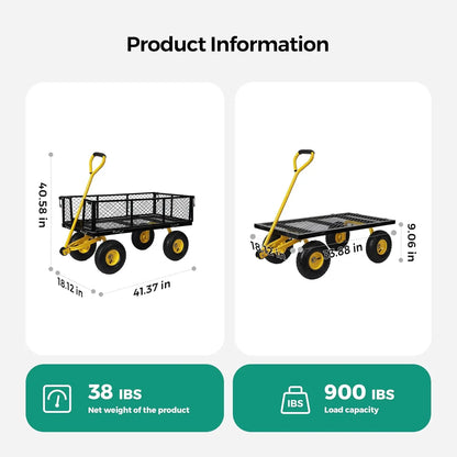 Utility Wagon ,10 Inch Flat Free Tires, Black & Yellow 900 Lbs Capacity