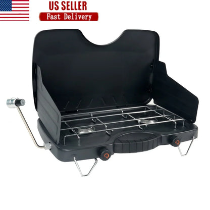 Portable Dual Burner Propane Camping Stove with Wind Guards