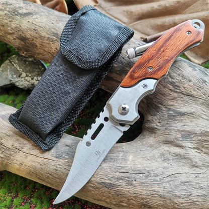 LED Light Folding Blade Knife with Wooden Handle for Hunting, Self Defense and Survival - Portable and Versatile Pocket Knives