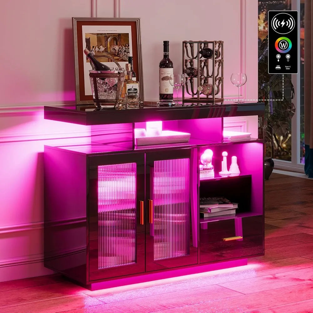 39.4" Modern LED Sideboard Buffet Cabinet with High Glossy Cupboard and charging station