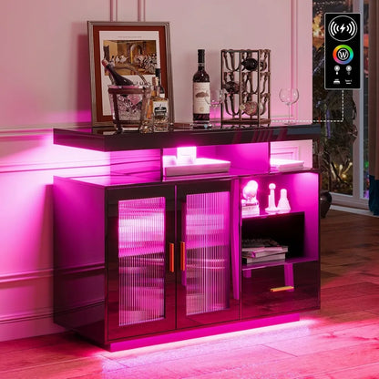 39.4" Modern LED Sideboard Buffet Cabinet with High Glossy Cupboard and charging station