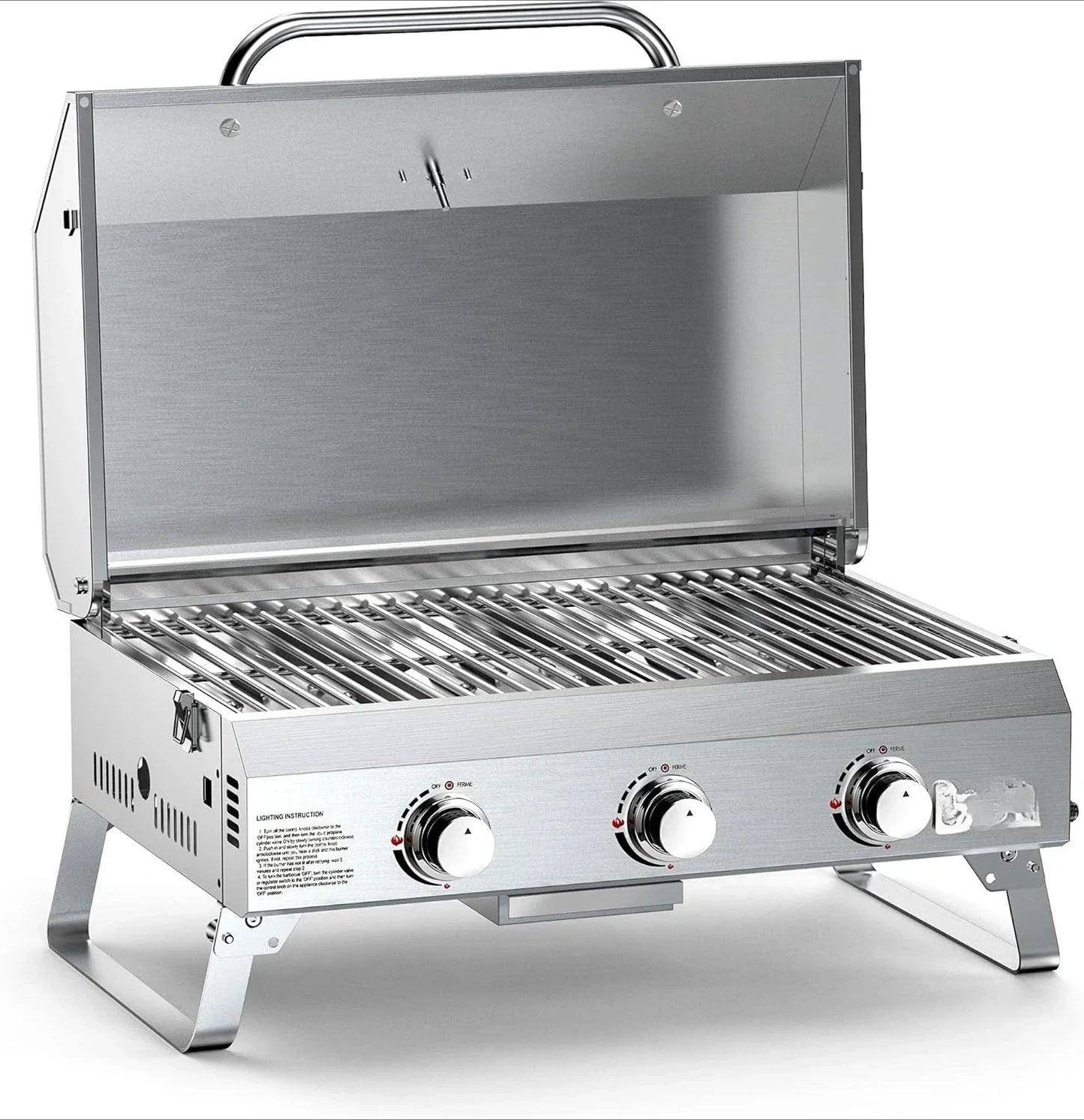 HOME-Tabletop Gas Grill 3 Burners, Stainless Steel Portable with Foldable Legs 24000BTU