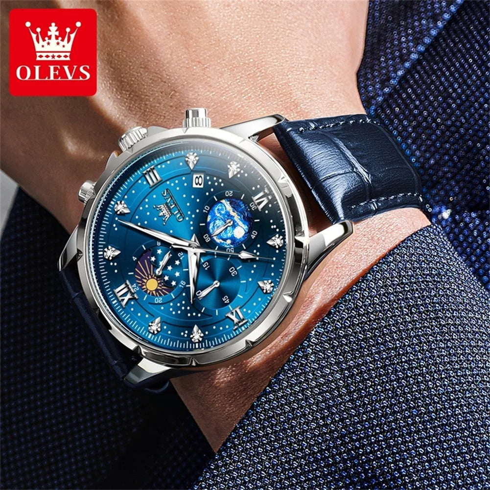 OLEVS Trend Men's Moon Phase Luminous Starry Sky Dial Quartz  Wristwatch