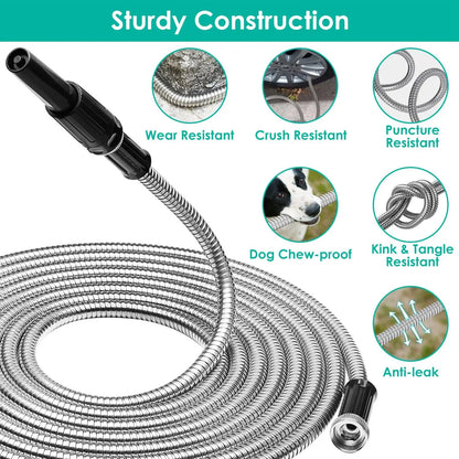 Heavy Duty Stainless Steel Garden Hose Garden Watering Kit Metal Water Hose with 2 Nozzles 12 Patterns 25FT/50FT/100FT
