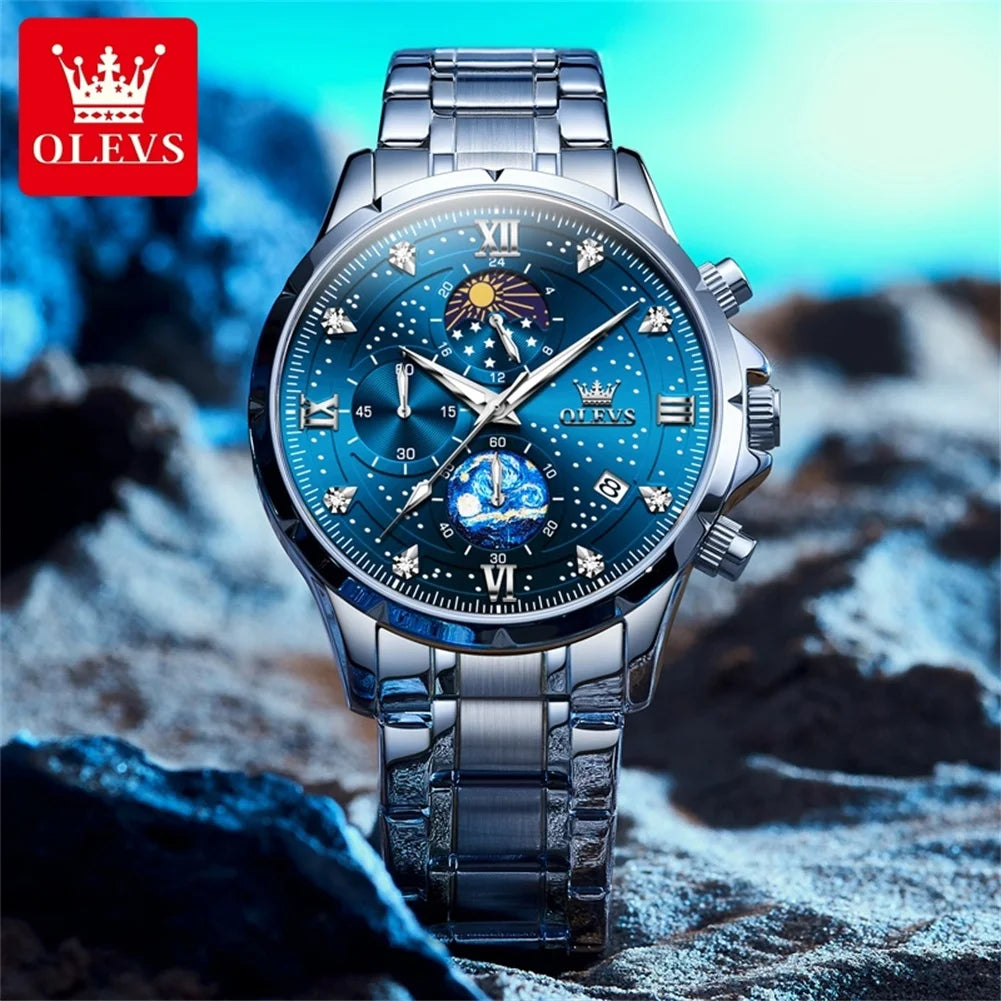OLEVS Trend Men's Moon Phase Luminous Starry Sky Dial Quartz  Wristwatch