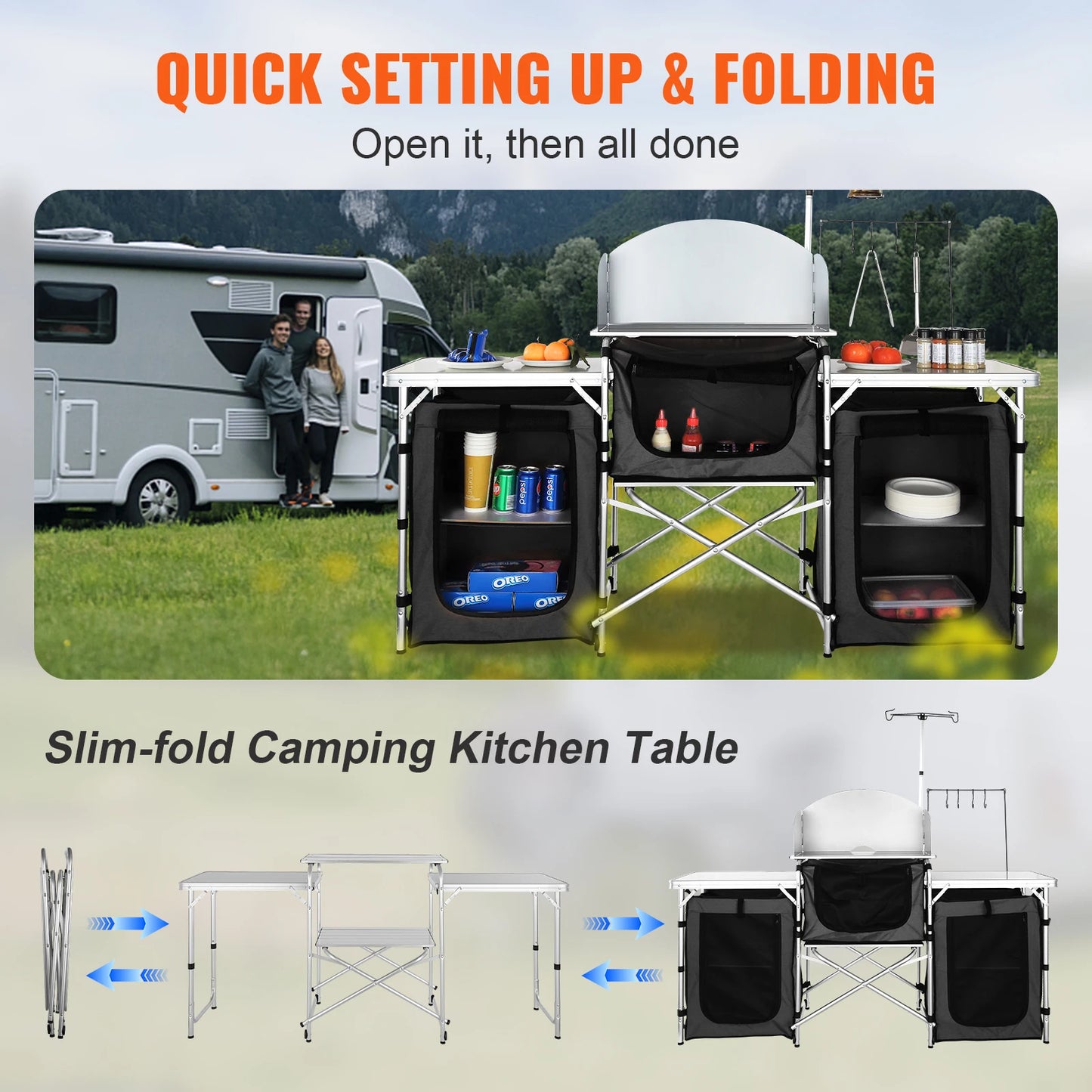 Camping Outdoor Kitchen Table Cabinet Foldable Storage Rack
