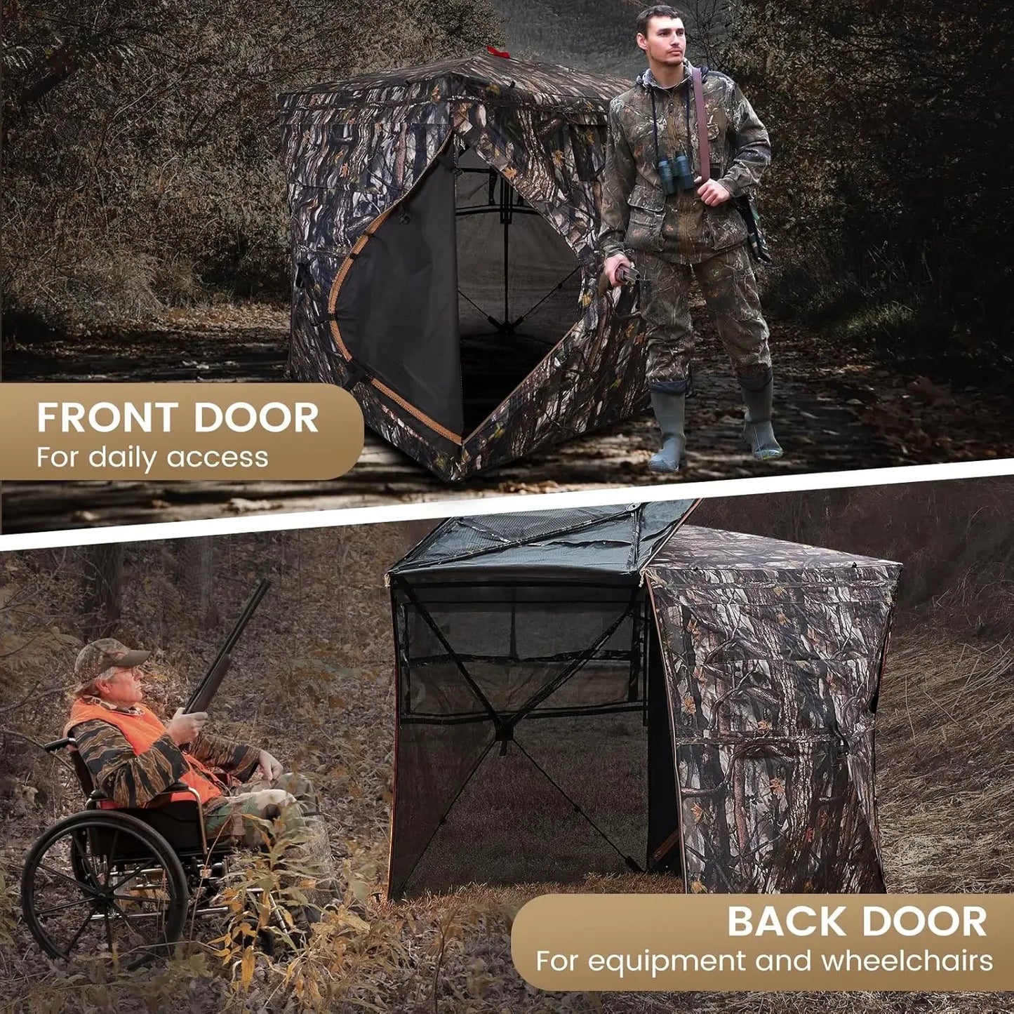 Hunting Blind 300D See Through Ground Blinds with Carrying Bag, 2/3/4 Person 270 Degree 2 Doors Pop Up Deer Blind Portable