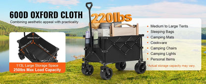 Collapsible Folding Beach Wagon with All-Terrain Wheels and Drink Holders