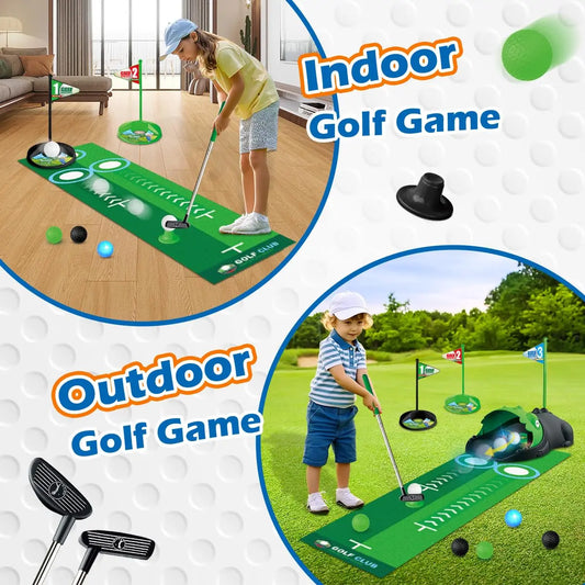 Kids Toy Golf Club Set with  LED Automatic Ball Return Putting Mat Mini Golf Game
