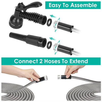 Heavy Duty Stainless Steel Garden Hose Garden Watering Kit Metal Water Hose with 2 Nozzles 12 Patterns 25FT/50FT/100FT