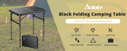 Camping Table, Folding, Black Aluminum 23.2"x16", Adjustable H 26.4",