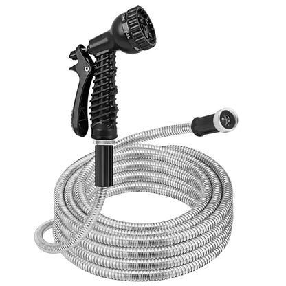 Heavy Duty Stainless Steel Garden Hose Garden Watering Kit Metal Water Hose with 2 Nozzles 12 Patterns 25FT/50FT/100FT