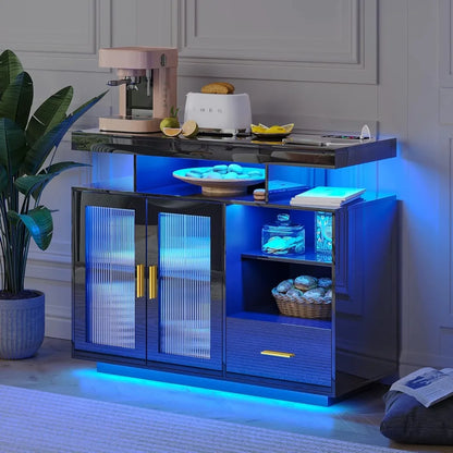 39.4" Modern LED Sideboard Buffet Cabinet with High Glossy Cupboard and charging station