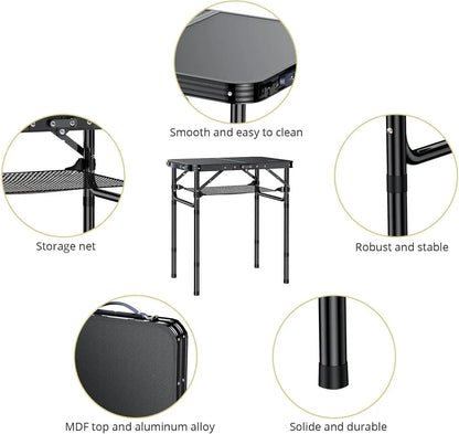 Camping Table, Folding, Black Aluminum 23.2"x16", Adjustable H 26.4",