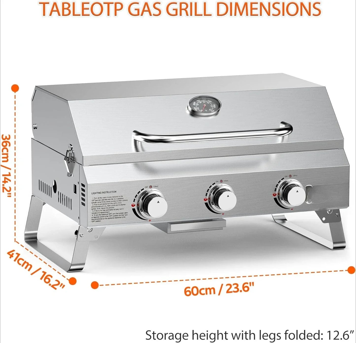 HOME-Tabletop Gas Grill 3 Burners, Stainless Steel Portable with Foldable Legs 24000BTU