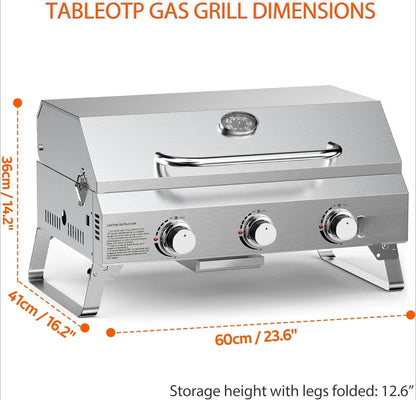 HOME-Tabletop Gas Grill 3 Burners, Stainless Steel Portable with Foldable Legs 24000BTU