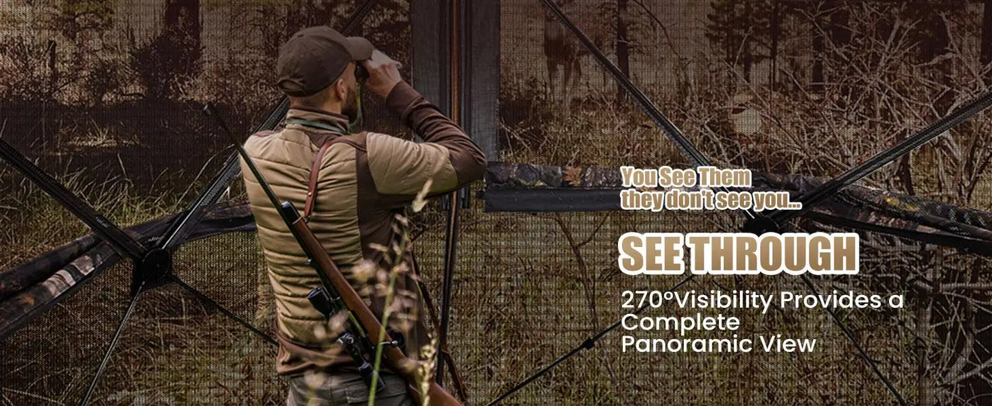 Hunting Blind 300D See Through Ground Blinds with Carrying Bag, 2/3/4 Person 270 Degree 2 Doors Pop Up Deer Blind Portable