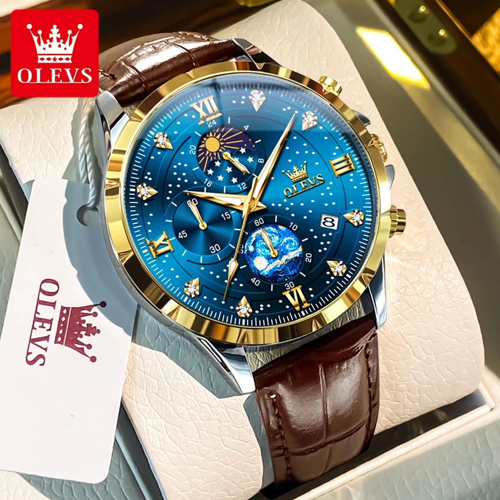 OLEVS Trend Men's Moon Phase Luminous Starry Sky Dial Quartz  Wristwatch