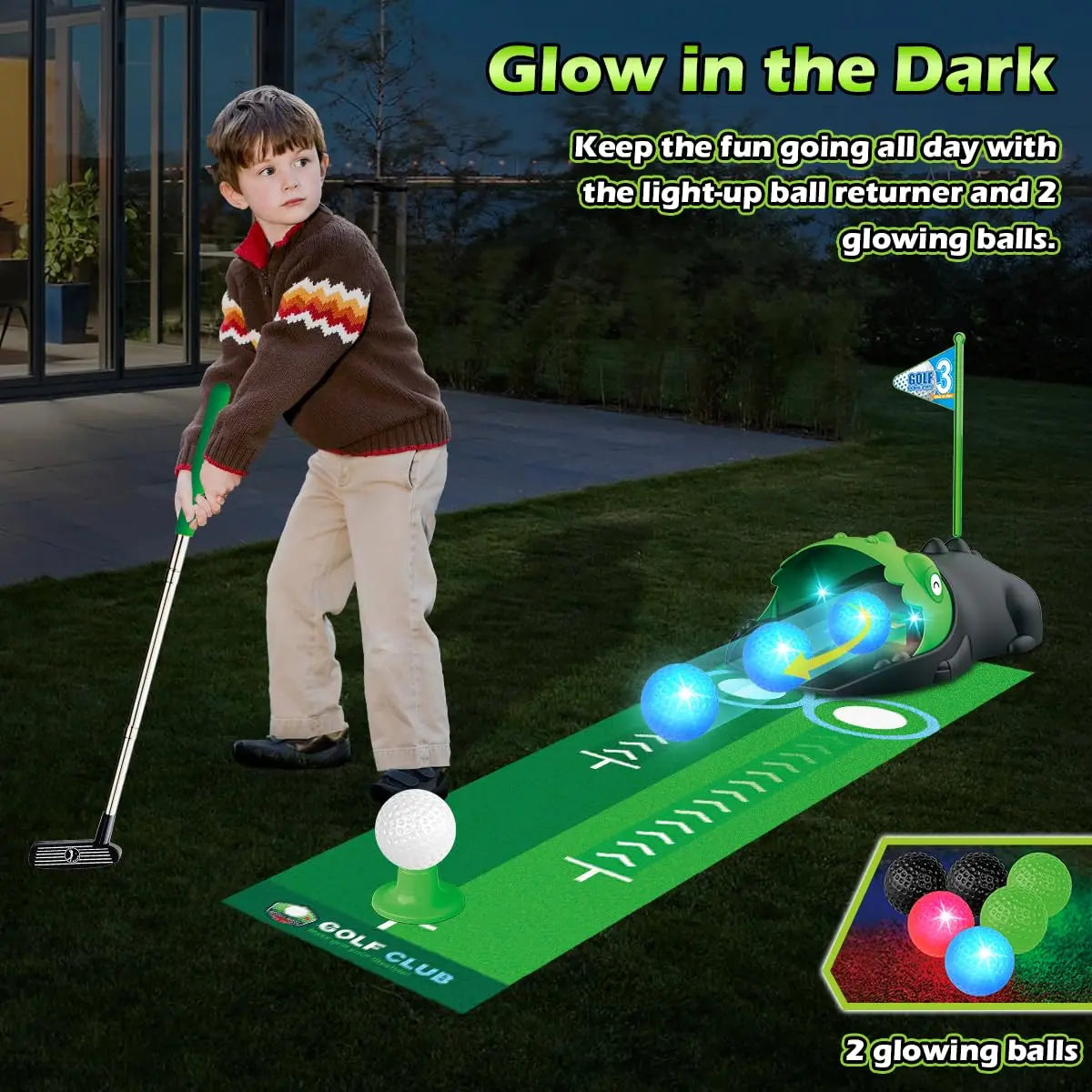 Kids Toy Golf Club Set with  LED Automatic Ball Return Putting Mat Mini Golf Game