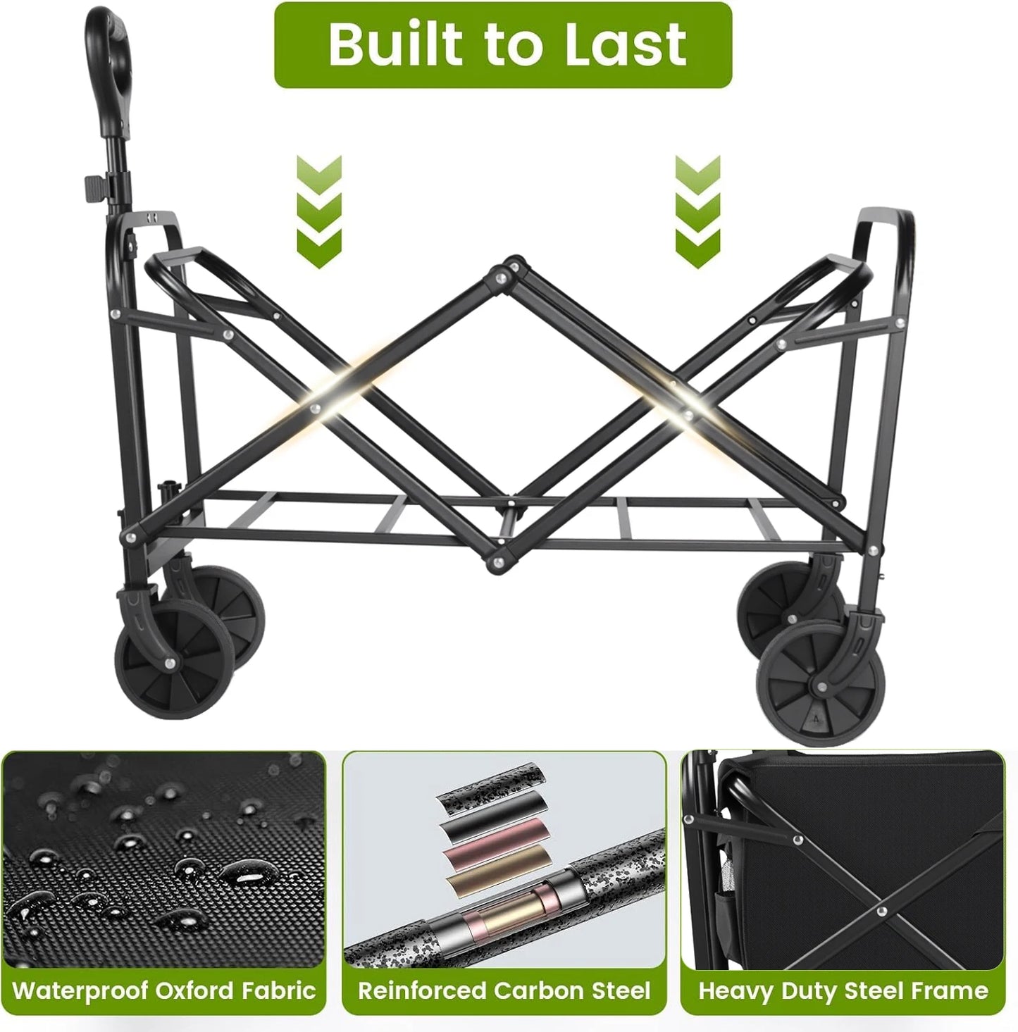 Heavy Duty, Foldable, Portable, Wagon for Groceries, Beach Cart with All-Terrain Wheels  Drink Holders