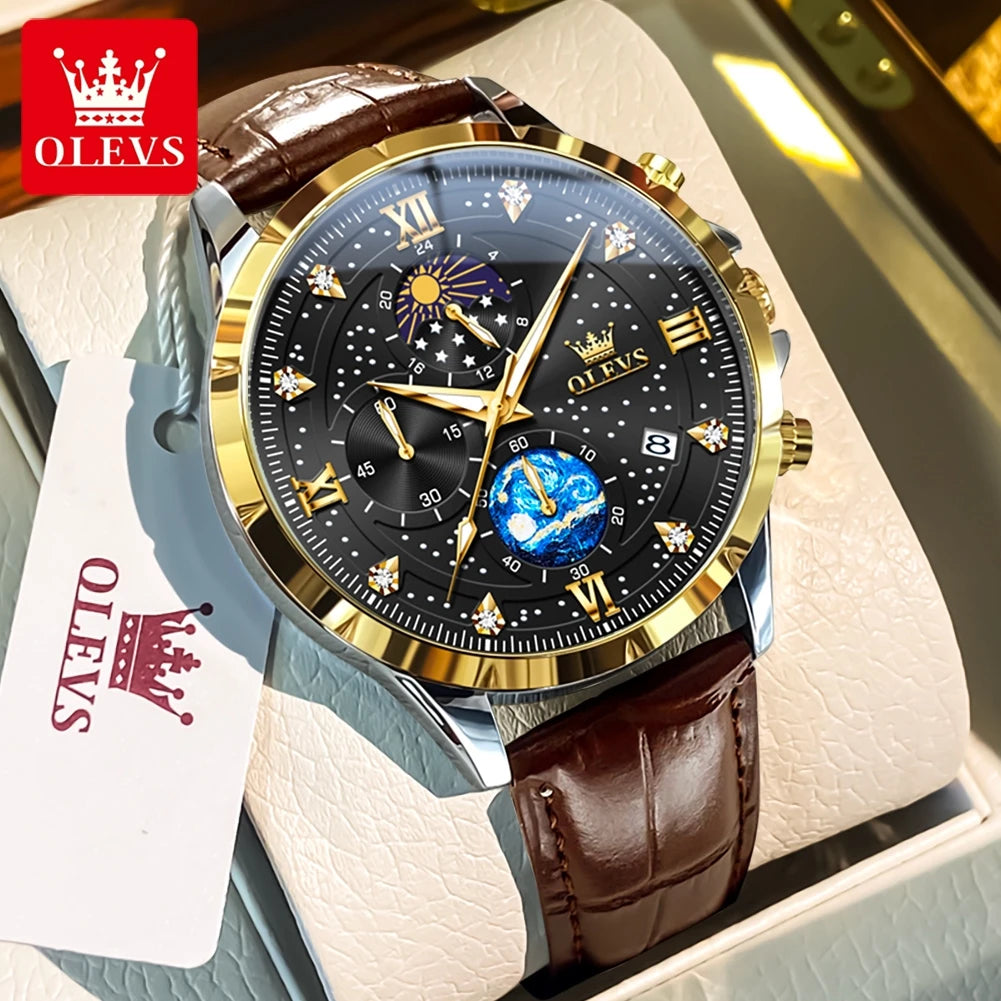 OLEVS Trend Men's Moon Phase Luminous Starry Sky Dial Quartz  Wristwatch