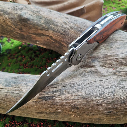 LED Light Folding Blade Knife with Wooden Handle for Hunting, Self Defense and Survival - Portable and Versatile Pocket Knives