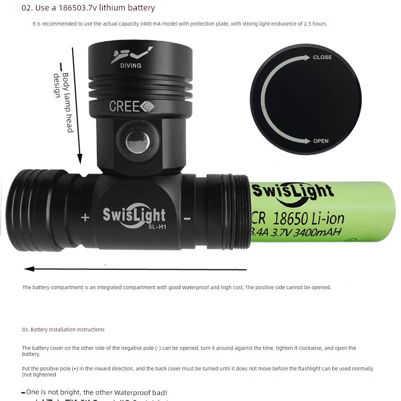 Professional Diving Headlamp Swiss L2  Waterproof 30 M Super Bright