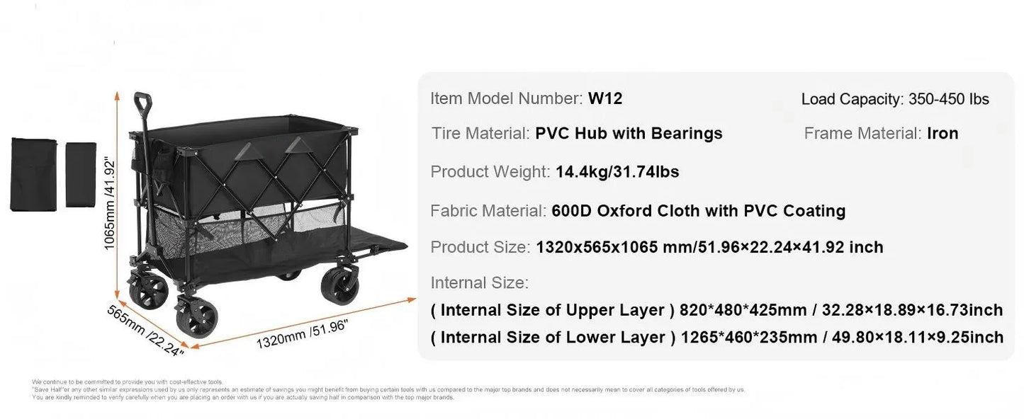 Collapsible Folding Beach Wagon with All-Terrain Wheels and Drink Holders