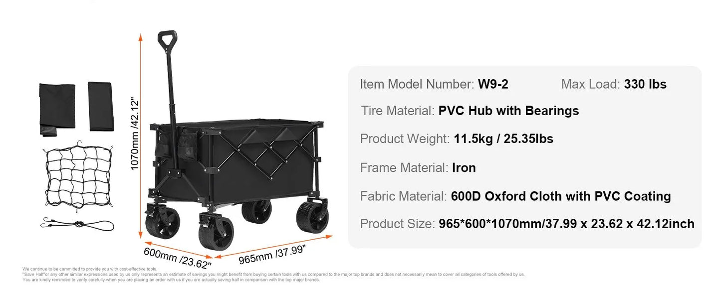 Collapsible Folding Beach Wagon with All-Terrain Wheels and Drink Holders