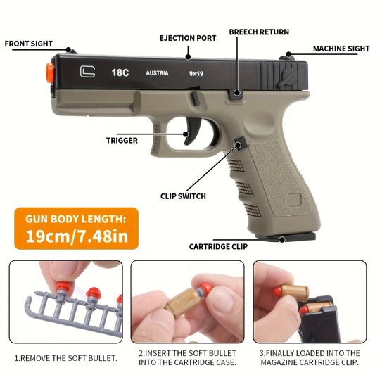 Soft Bullet Toy Gun - Semi-Automatic Handgun with Shell Ejection and Auto Rebound